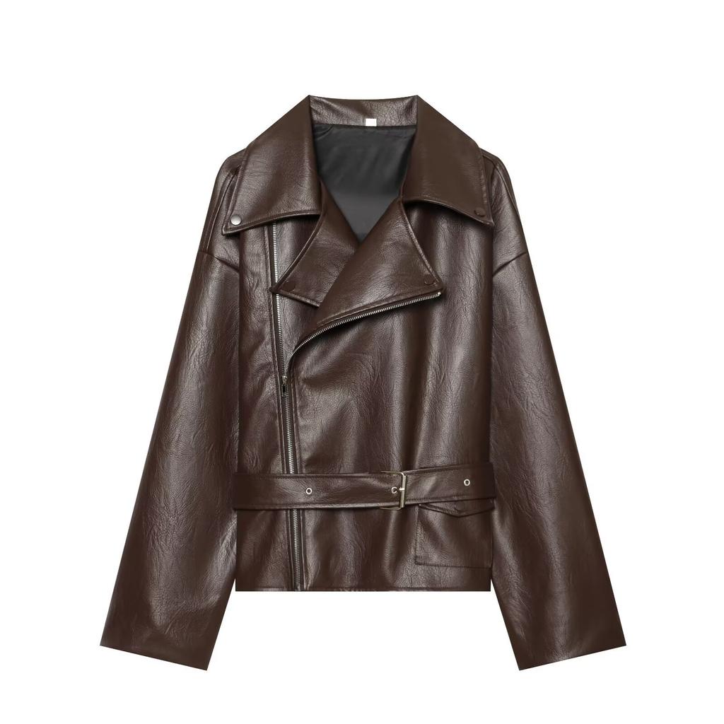Autumn New European and American Style Lapel Lace-Up Commuter Leather Jacket