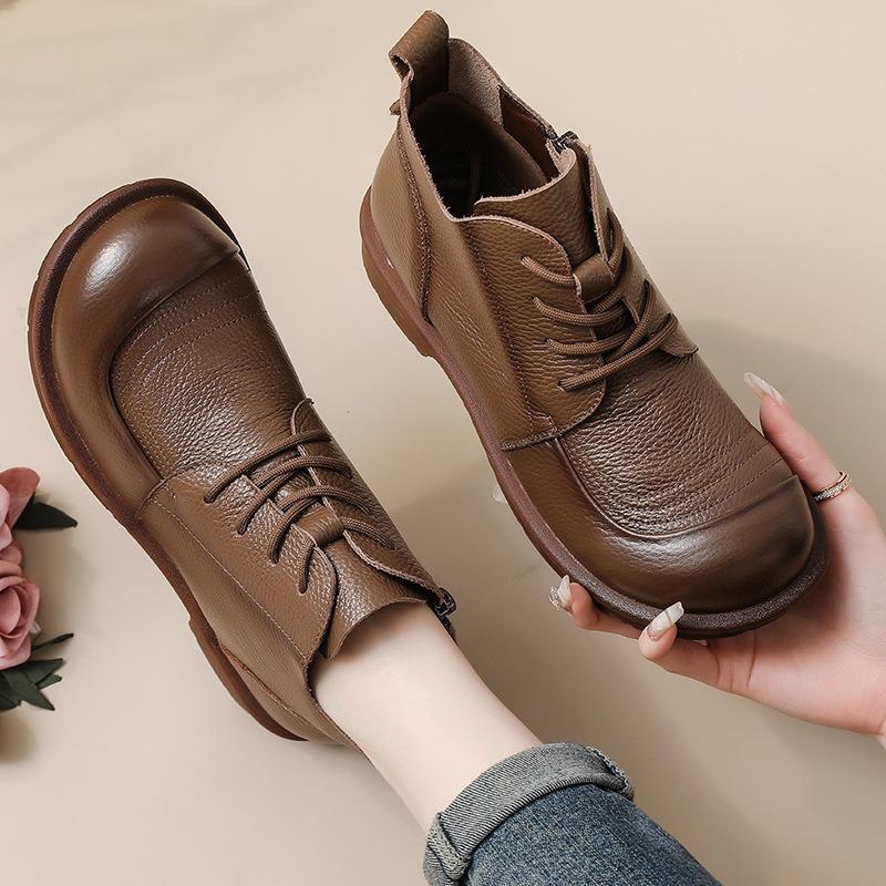 First Layer Cowhide New Versatile Single Boots Velvet Low Heel Short Boots Retro Leather Round Head Women's Boots