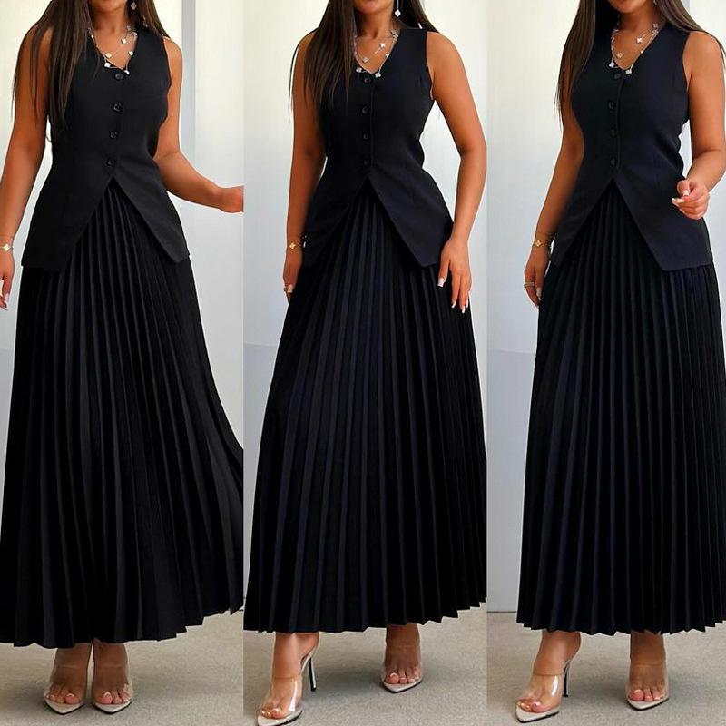 Spot 2024 European and American Suit Women's Vest Pleated Skirt Summer Solid Color High-end Elegant Women's Clothing Two-piece Set