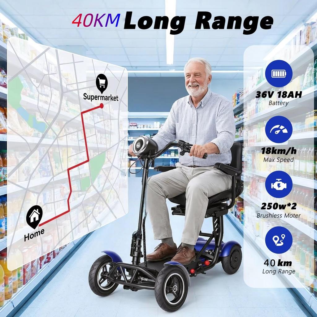 SUNNIGOO L3 Scooter Elettrico a 4 Ruote 500W36V18Ah Scooter Pieghevole Con Funzione di Retromarcia Adatto per Anziani