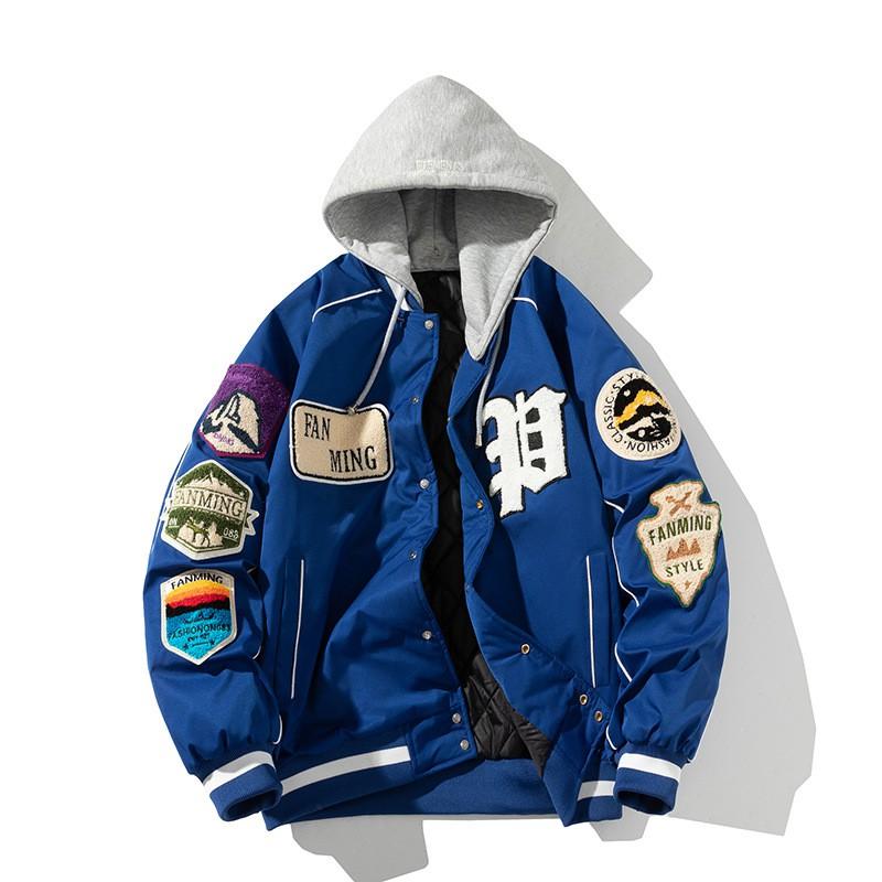 Giacca da Baseball con Cappuccio Streetwear da Uomo Spessa Fodera in Pile Misto Cotone Toppa Ricamata Vestibilità Larga Capospalla Invernale