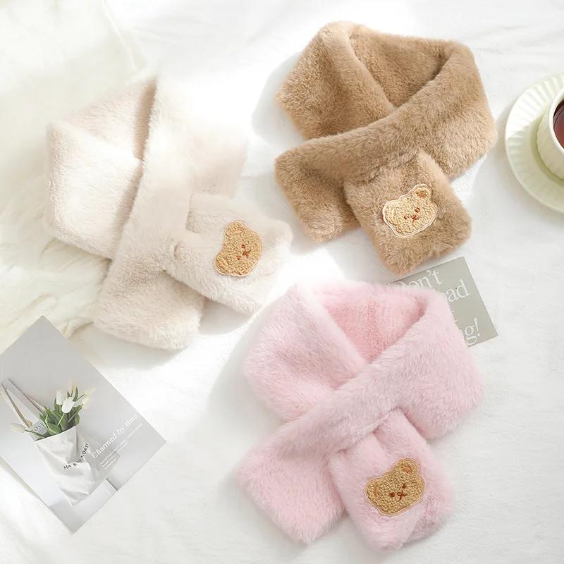 Cute Bear Baby Scarf Winter Warm Imitation Rabbit Fur Neck Warmer Soft Plush Cross Scarf For Boys Girls Kids Accessories