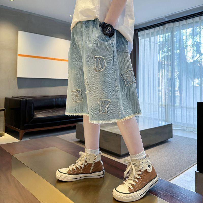 Zhongda Boys' Embroidered Denim High-Waisted Shorts