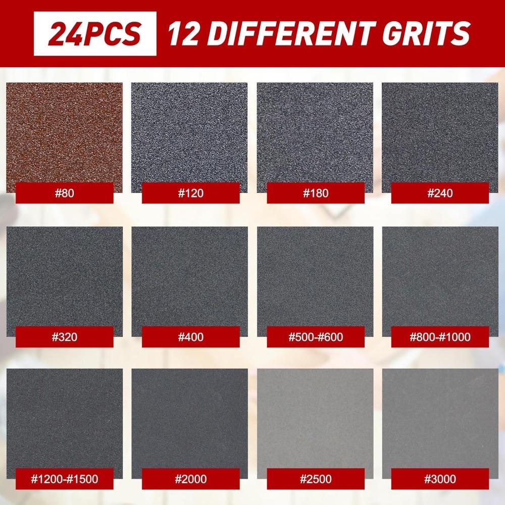 24-Piece Sanding Sponges Set 80-3000 Grit Wet Dry Sandpaper for Wood Metal Paint Car Body Repair