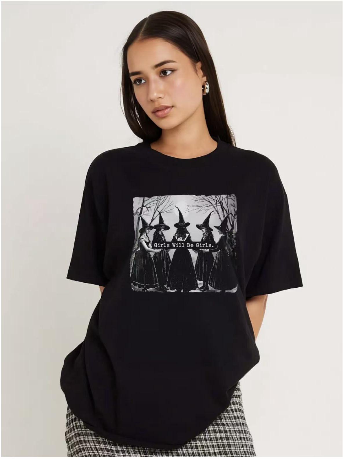 American Retro Style 100% Cotton Oversize T-Shirt with Fun Print S чёрный