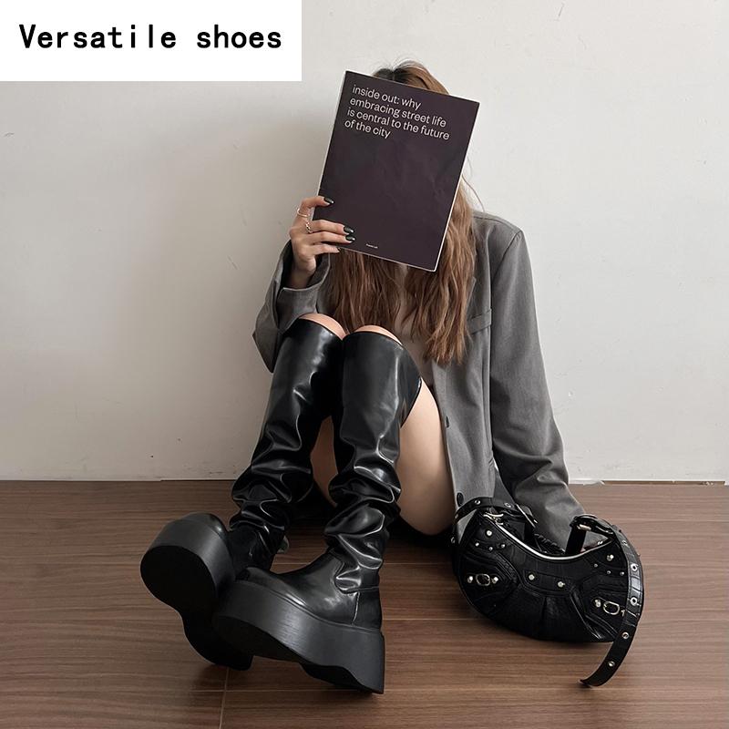 Winter Punk Style Women Knee High Boots Fashion Slip On Knight Long Booties Ladies Casaul Platform Heels Botas Mujer