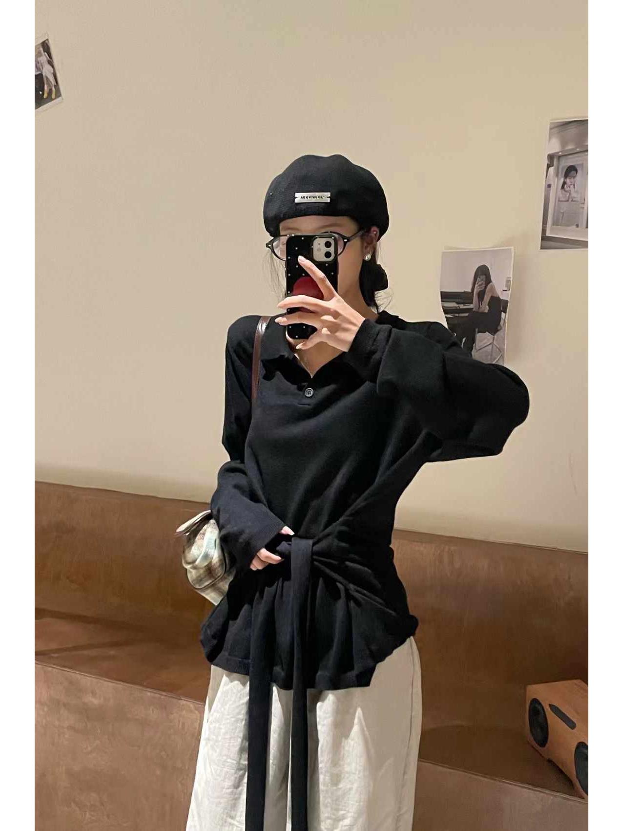 

Женский весенний трикотажный топ в корейском стиле большого размера, слим-фит, с воротником поло и завязкой на талии One Size чёрный