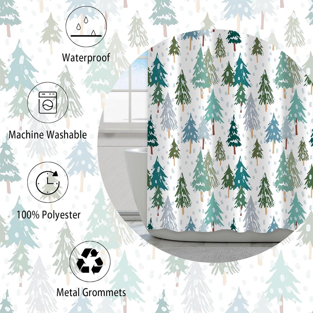 Christmas Tree Shower Curtain Winter Forest Pattern Snowflake Design Festive Decor Bath Accessories Waterproof Fabric150X210