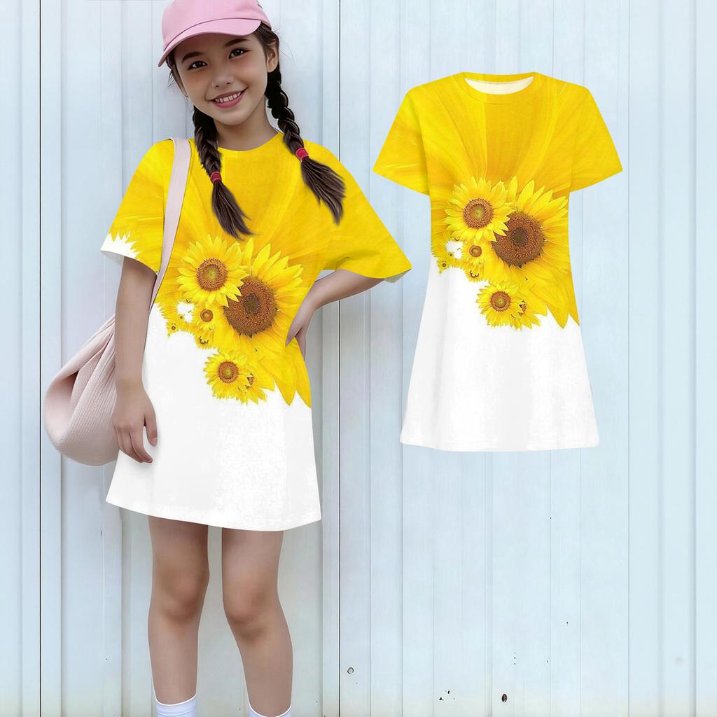 Girls Print Casual Dress Kids Loose Round Neck Short Sleeve Thin Sundress