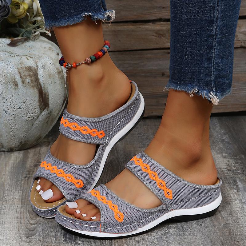 Women's Low-Heel Fly-Knit Embroidered Slip-On Sandals - Plus Size Available