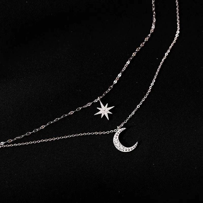 2024 Women's Sterling Silver Star & Moon Double Layer Necklace: Light Luxury, Personalized Summer Clavicle Chain