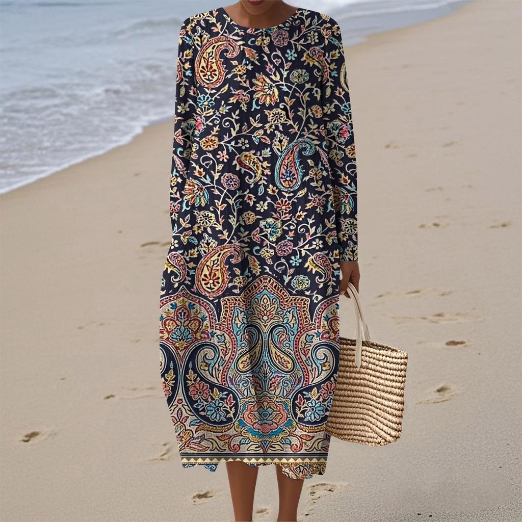 Damen Modisches Lässiges Langärmliges Rundhals Retro Geometrischer Druck Elegantes Kleid