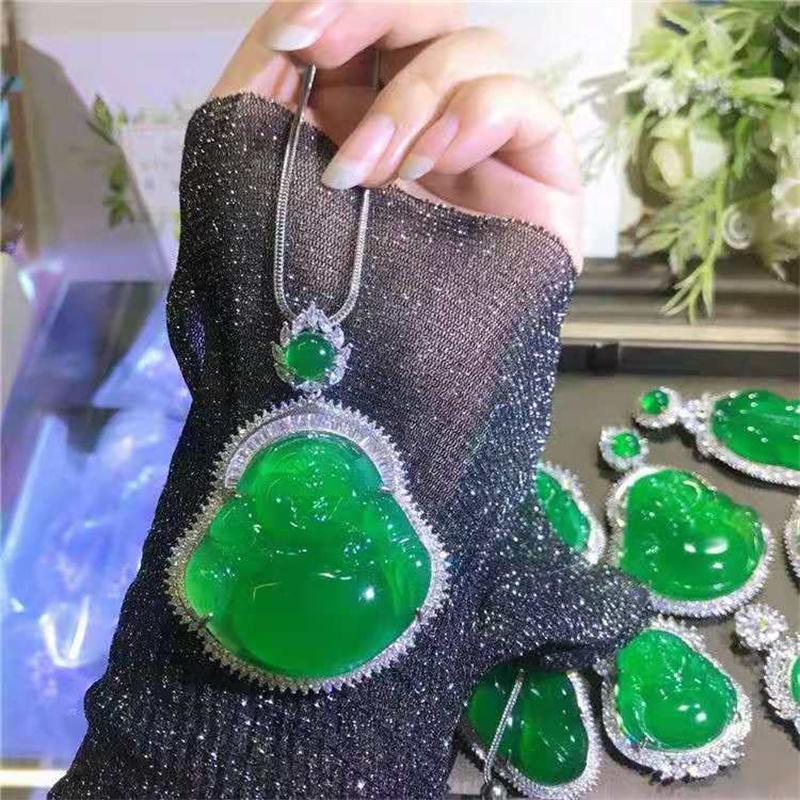 Selling Natural Hand -Carv 925 Silver Inlaid High Ice Jade Buddha Necklace Pendant Fashion Accessories Men Women Luck Gifts