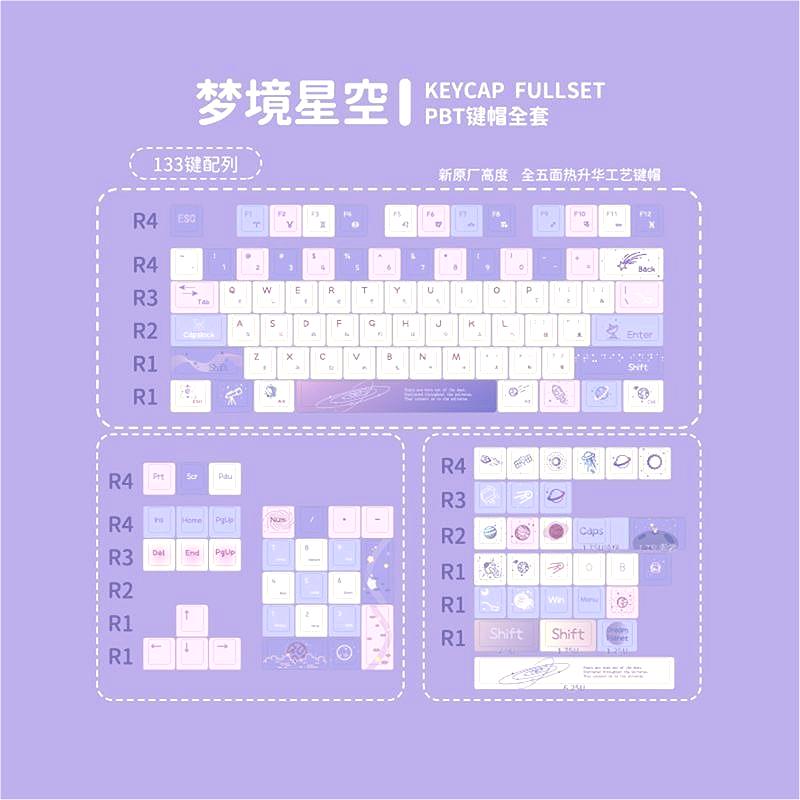 Starry Sky Purple PBT Custom Keycap Set 133 Keys Atmosphere Shine Through for 61 75 87 104 108 MX Mechanical Keyboard Gift
