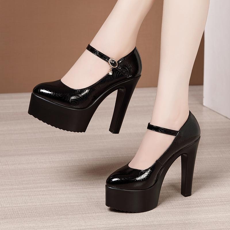 Lady Pumps Pointed Toe Office Work Shoes Buckle Strap Platform High Heels Women Shoes Four Season Patent Leather Shoes Size32-43
