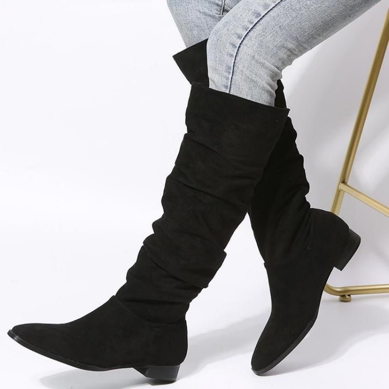 New Solid Color Comfortable Fashion Knee-high Fashion Boots Round Head Square Heels Increase Large Size Winter High Boots