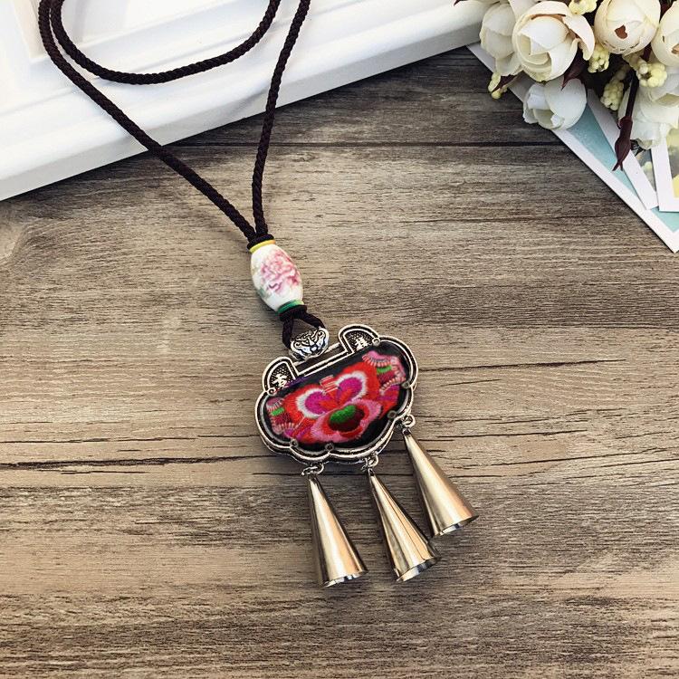 Retro Long Fashion Classical Embroidery Fringed Necklace Temperament Wind Chimes Pendant Miao Sweater Chain Accessories