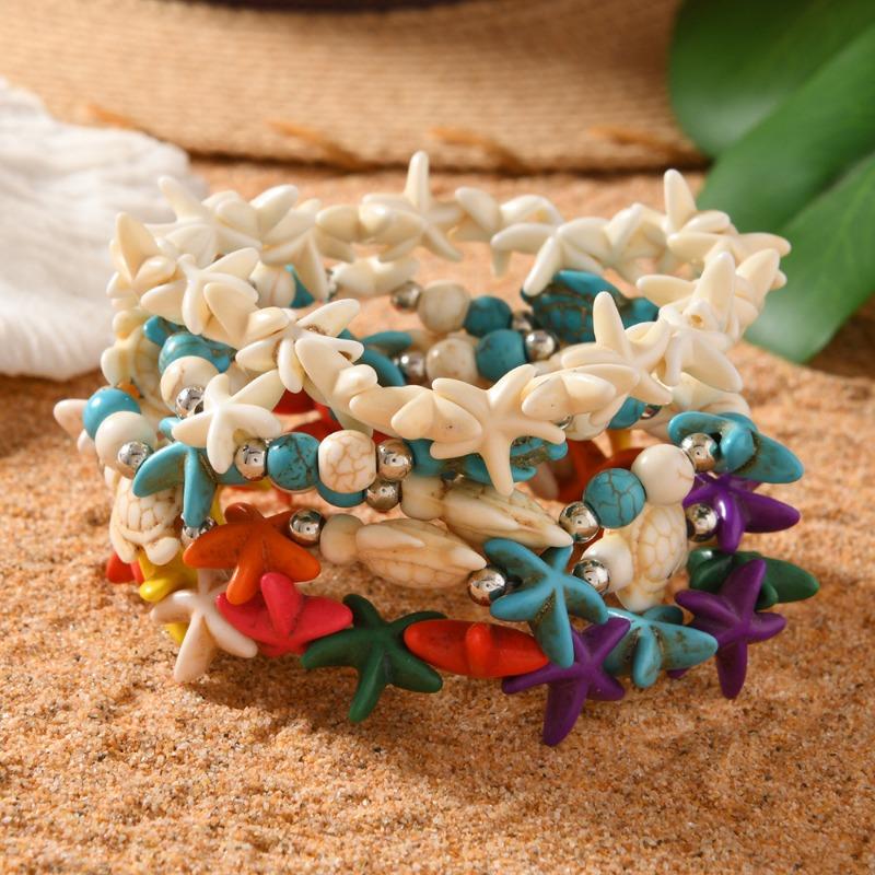 Hot Sale Summer Ocean Wind Jewelry Shells Starfish Turtle Woven Bracelet, Seaside Elastic Beaded Bracelet