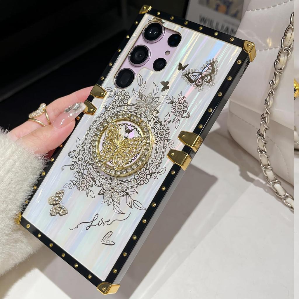 for Samsung Galaxy S25 Ultra Glitter Kickstand Case, Cute Luxury 3D Bling Sparkly Floral Diamond Butterfly with Ring Stand Elegant Shockproof Women