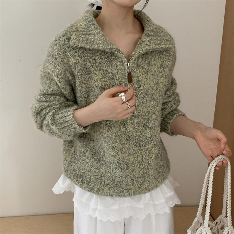 Flower Yarn Half Zipper Pullover Knitted Sweater Outer Wear Autumn and Winter New Loose Versatile Sweater Women's Top Thick