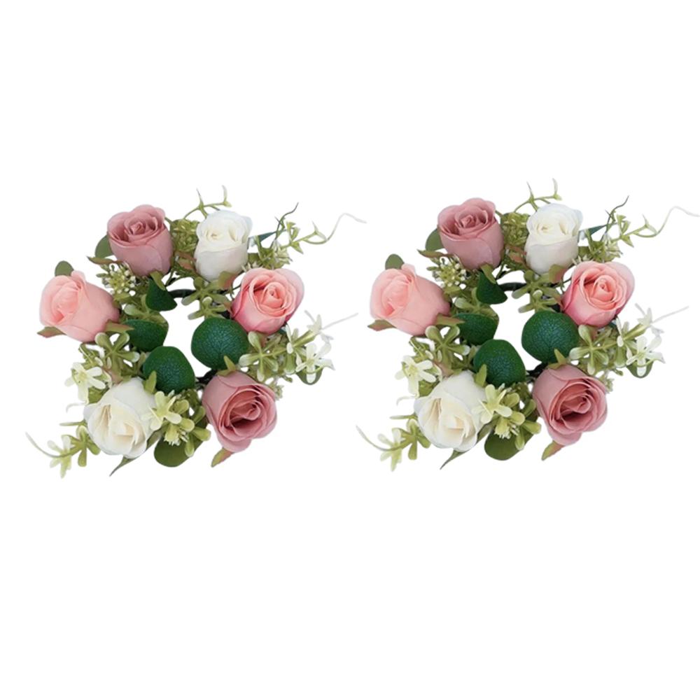 2pcs Artificial Garland with Candlestick Centerpieces, Rose Candle Wreath, Tea Light Candle Holders, Artificial Plant Wreath