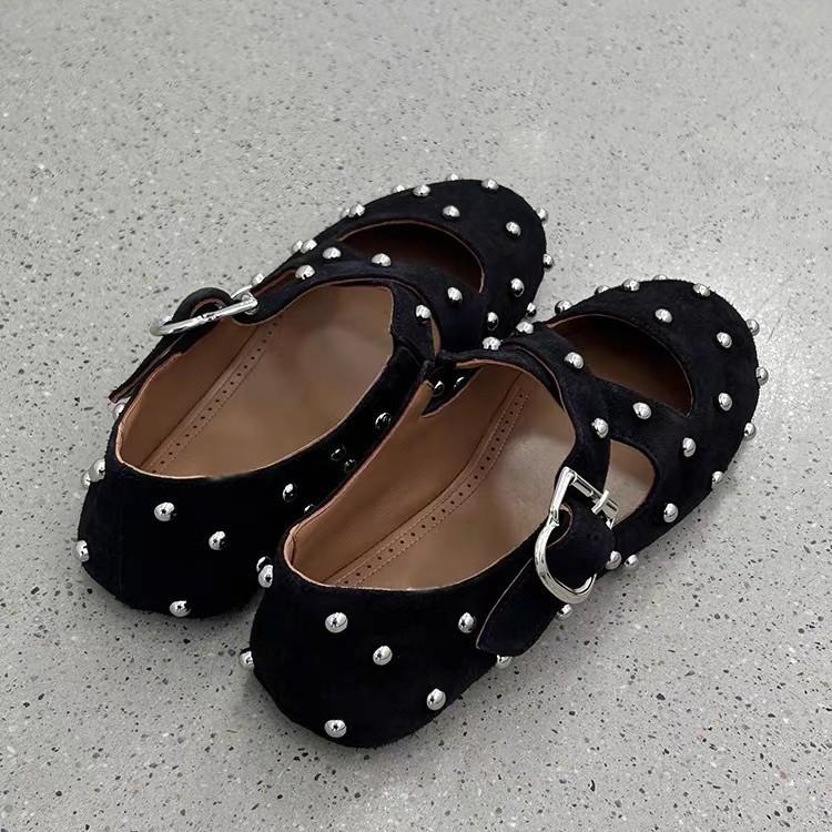 Cowhide version~ Rivet cross one-word buckle flat-soled ballet shoes for women's 2025 new Korean version of round-headed grandma shoes