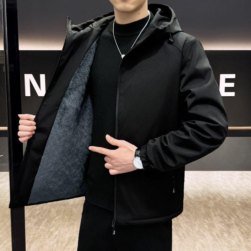 

Men s Plus Velvet Hooded Windbreaker Jacket - Thickened Warm Cotton Padding for Autumn & Winter M (85-105 jin)