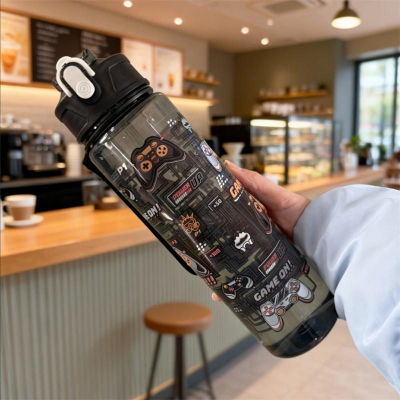 750ml Cute Cartoon Pattern Water Bottle, Large Capacity Portable Leak-Proof Tumbler with Carry Strap and Straw for Sporting