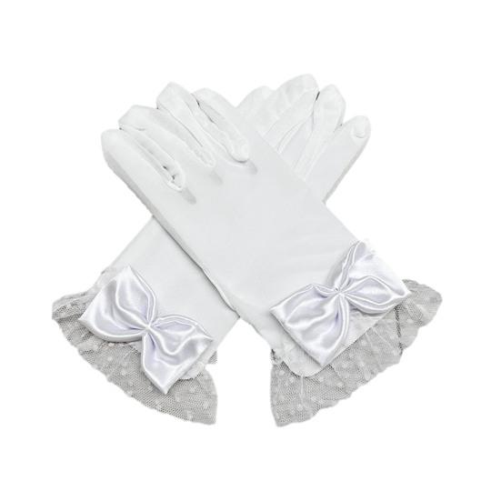 1 Pair Women Prom Gloves See-through Lace Bow Decor Hollow Out Fishnet Ruffle