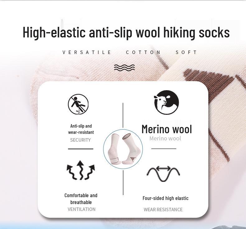 Men's and Women's Thickened Merino Wool Hiking Socks: Non-slip, Wear-resistant, Mid-tube Design.