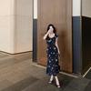French Butterfly Print Dress Women's Summer New Waist and Thin Temperament Long Dress Black Chiffon Fishtail Dress