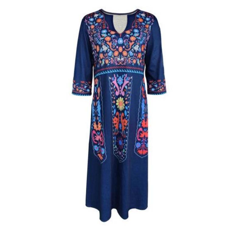 Plus Size Lady Dress V Neck Three Quarter Sleeves Bohemian Sexy A Line Loose Hem Pockets Retro Ethnic Style Print