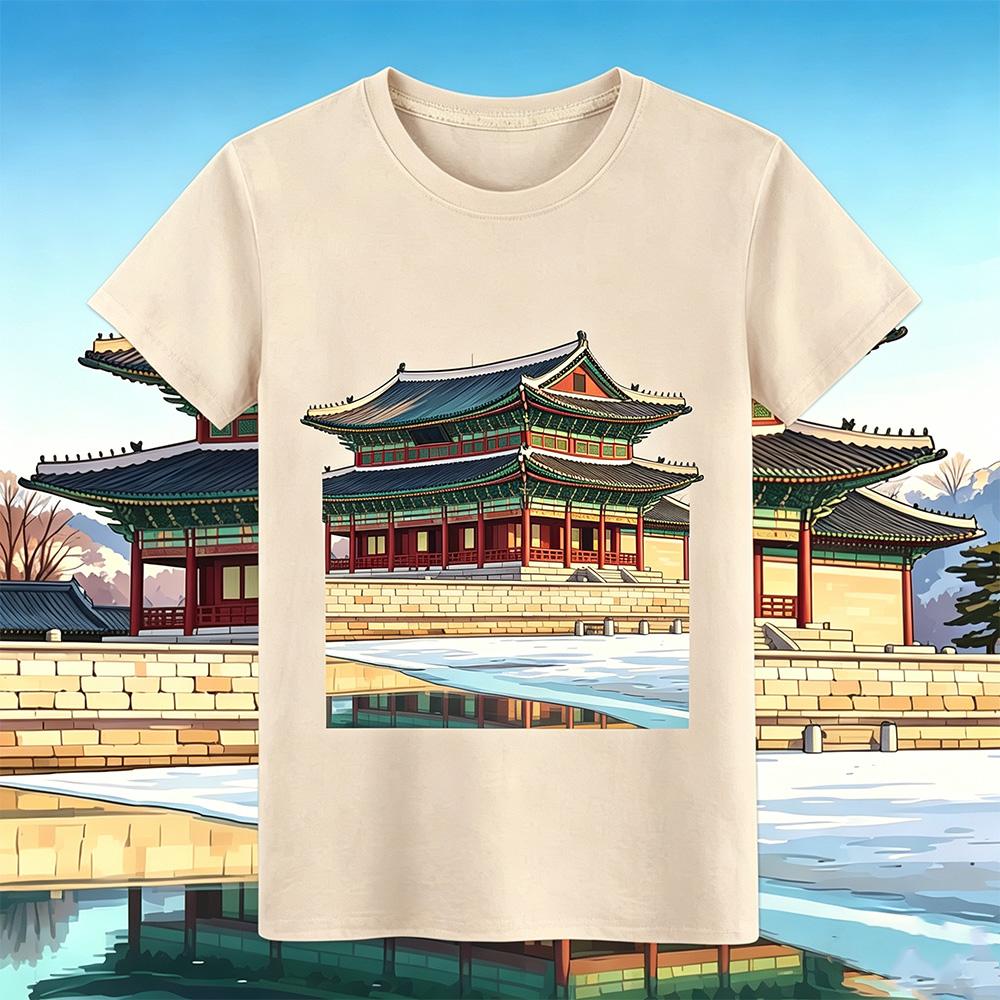 Fashion Unisexs Tshirt South Korea Gyeongbokgung Palace Print TShirt Unisex and Unisex Casual Cotton Breathable Short Sleeve Top