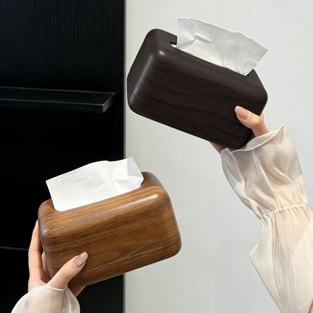 Elegant Chinese Wood Grain Tissue Box - High-End Feel Desktop Dispenser for Living Room Wet Wipes and Paper Storage.