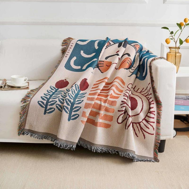 Bohemian Ethnic Cotton Blend Knit Sofa Throw Cover Slip-Resistant Thick Decorative Blanket Living Room