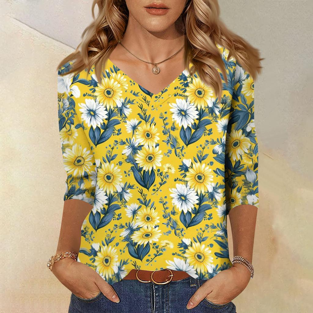 Women's Fashionable Casual V-Neck Three-Quarter Sleeve Printed T-Shirt Top