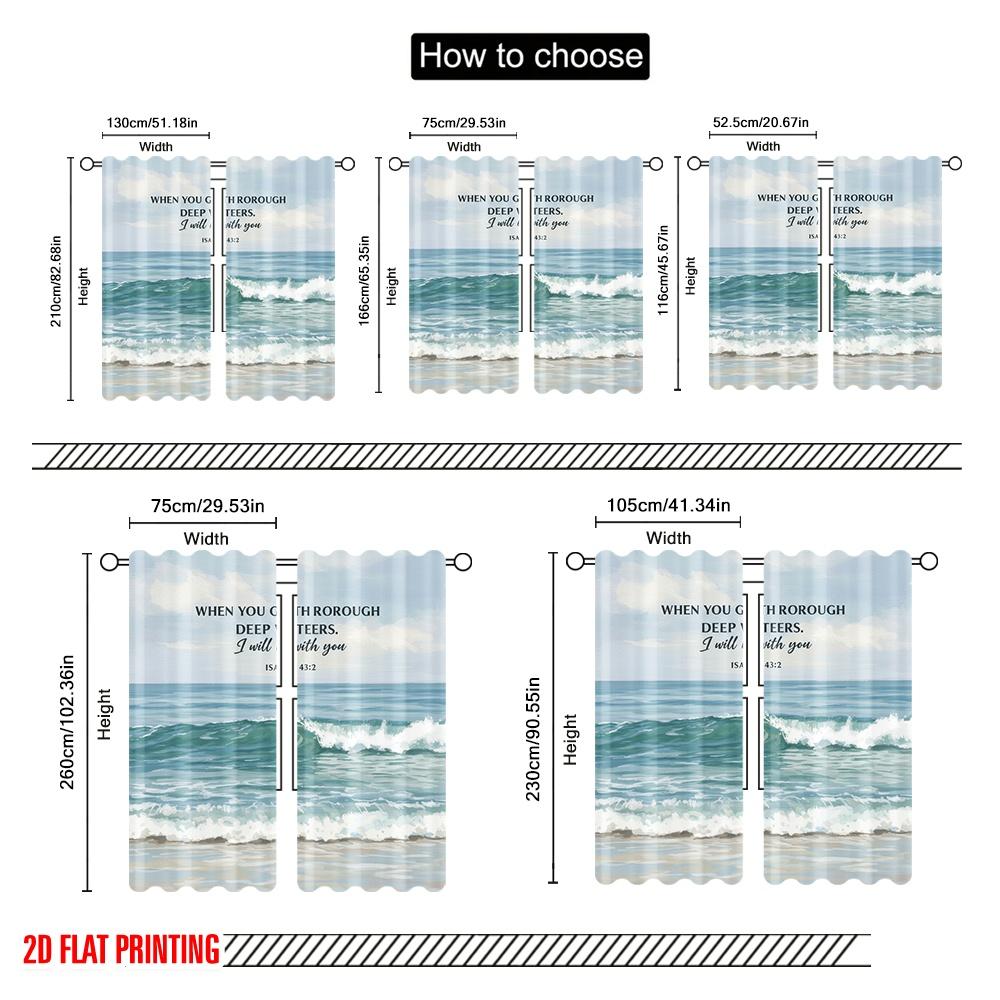 2pcs 2D flat printing Curtain Ocean Waves Bible Verse 100% Polyester Fabric Without Electricity All Season Party & Holiday Decor