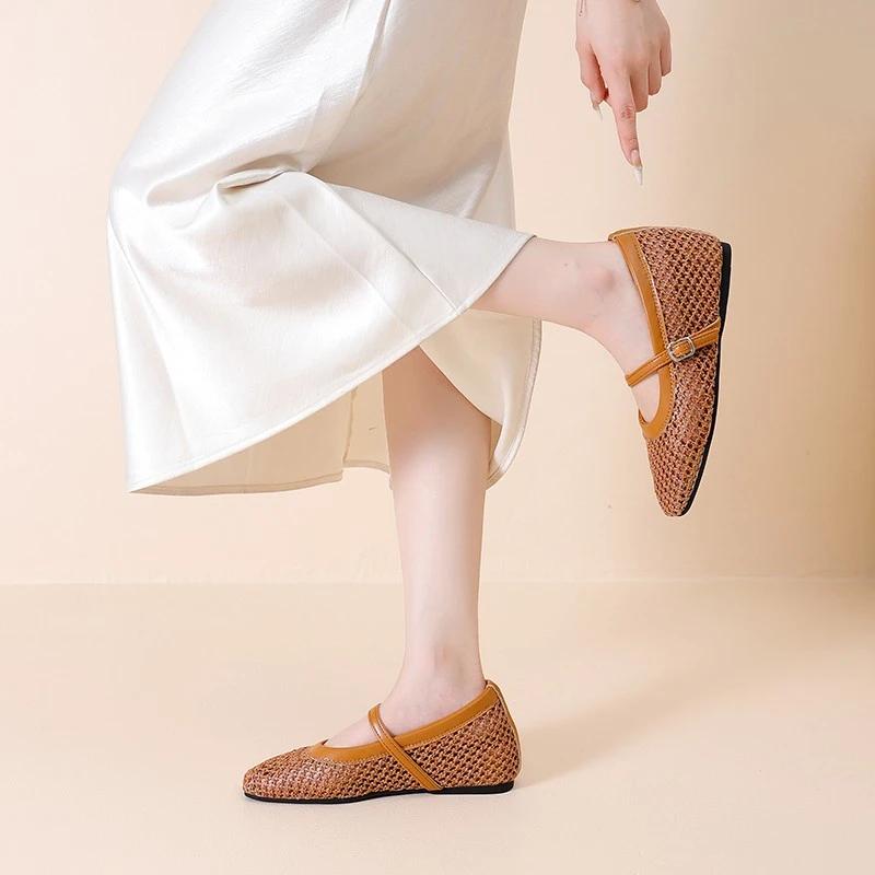 Fashion Retro 2025 New Women's Casual Flats Summer Mary Jane Flats Square Toe Mesh Buckle Strap Comfortable Solid Soft Sole Shoes Ladies