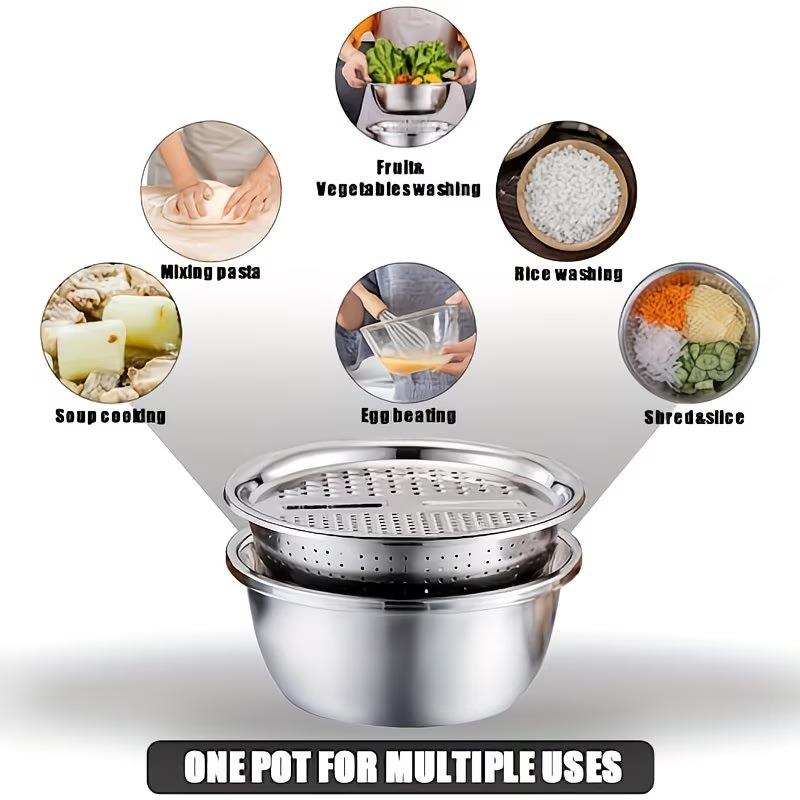 1-2Sets Space Saving Stainless Steel Grater and Colander Set Multi Function Vegetable Slicer Shredder for Kitchen Washing Bowl