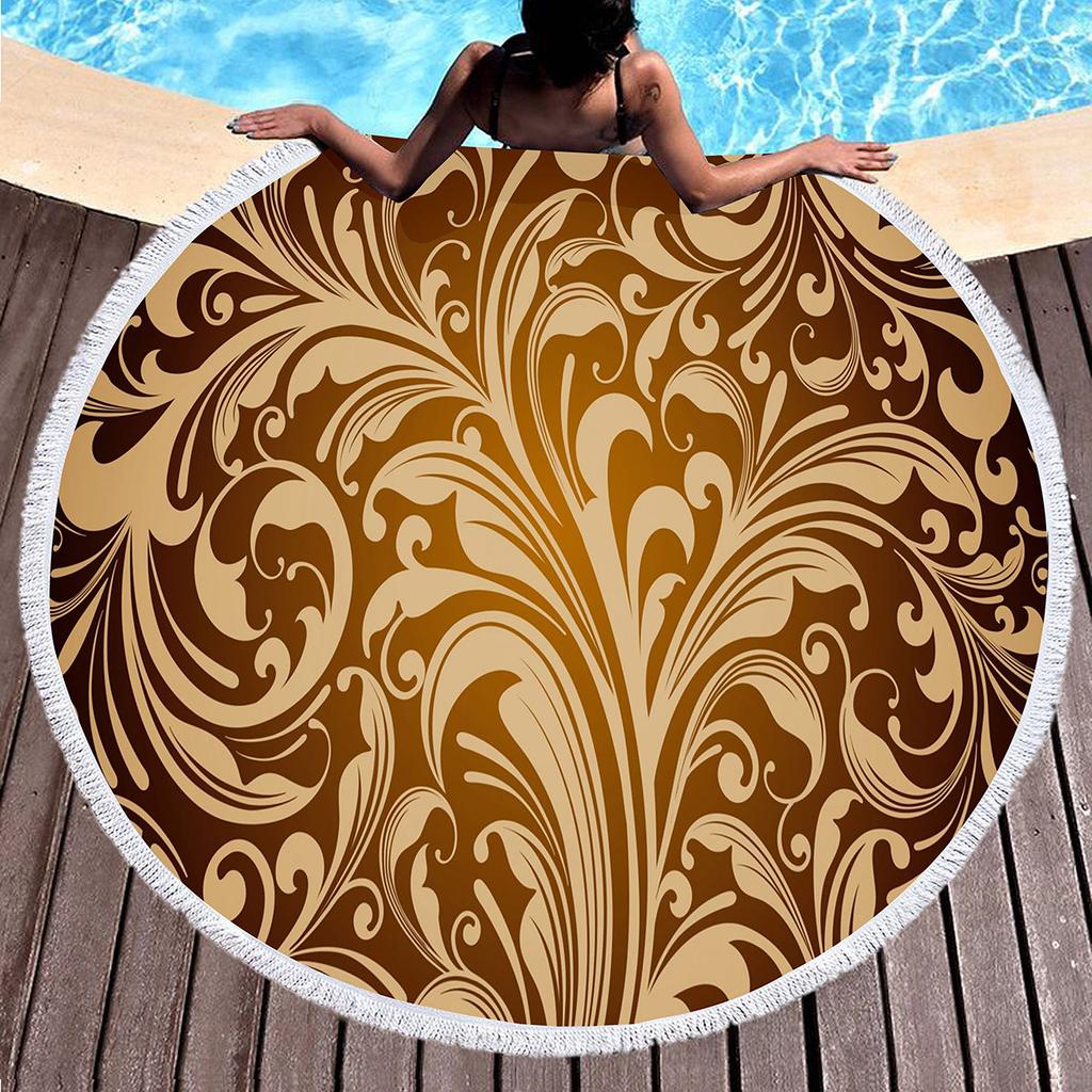 Luxury Gold Vintage Floral Round Beach Towel with Tassels, Microfiber Quick Dry Beach Blanket Absorbent Meditation Rug Yoga Mat