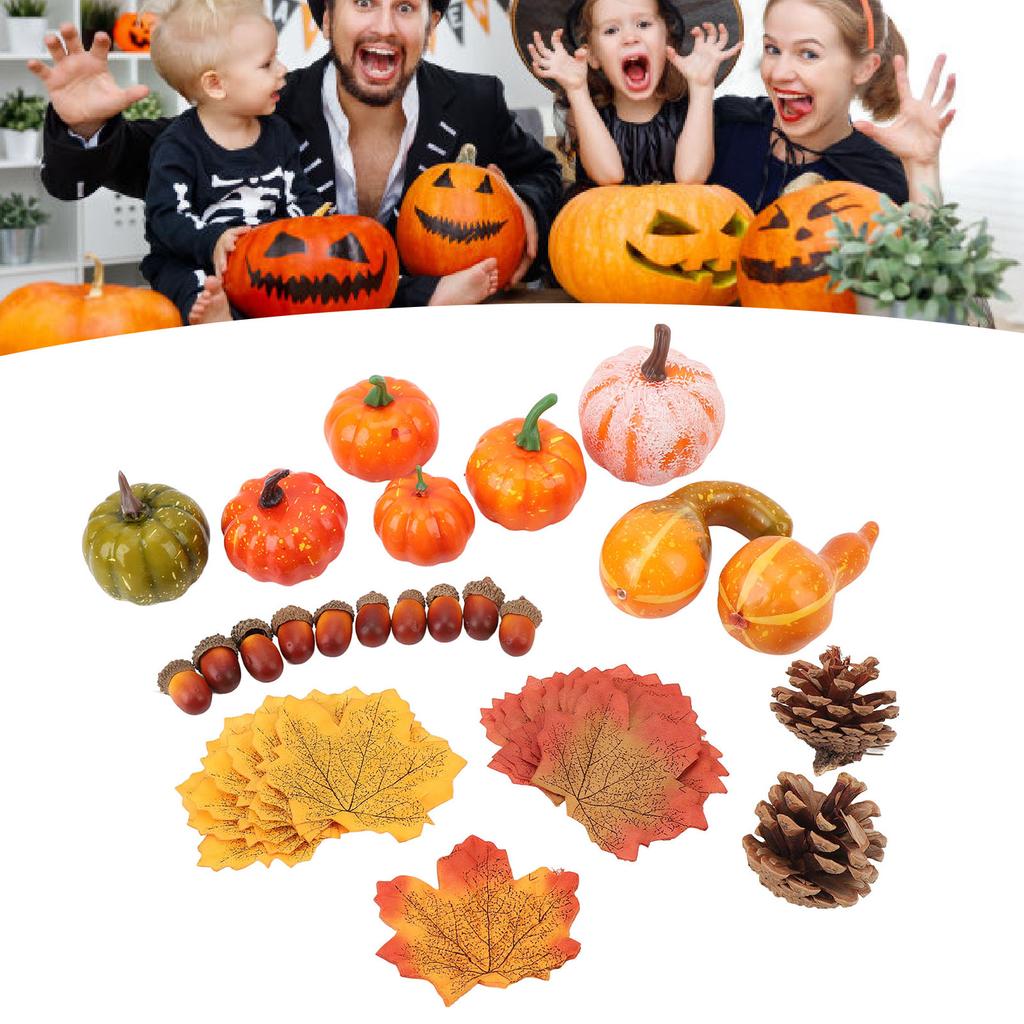 50 Pcs Fall Pumpkin Decor Set 30 Maple Leaves 10 Acorns 2 Pinecones 8 Pumpkins Artificial Gourd Fall