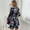 European & American Black Retro Long-Sleeve Printed Women's Dress for Autumn & Winter