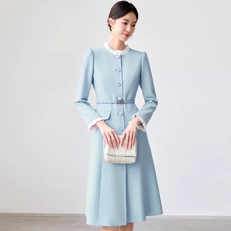 Blue Mid-Length Ruffle Edge Color Block Collar Professional Women's Dress
