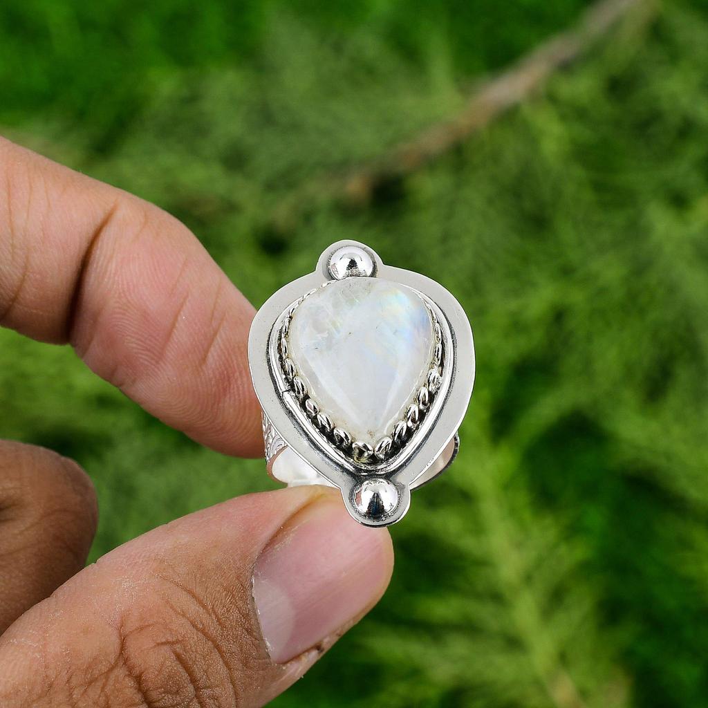 Pear Natural Rainbow Moonstone 925 Sterling Silver Mother Statement Bezel Ring