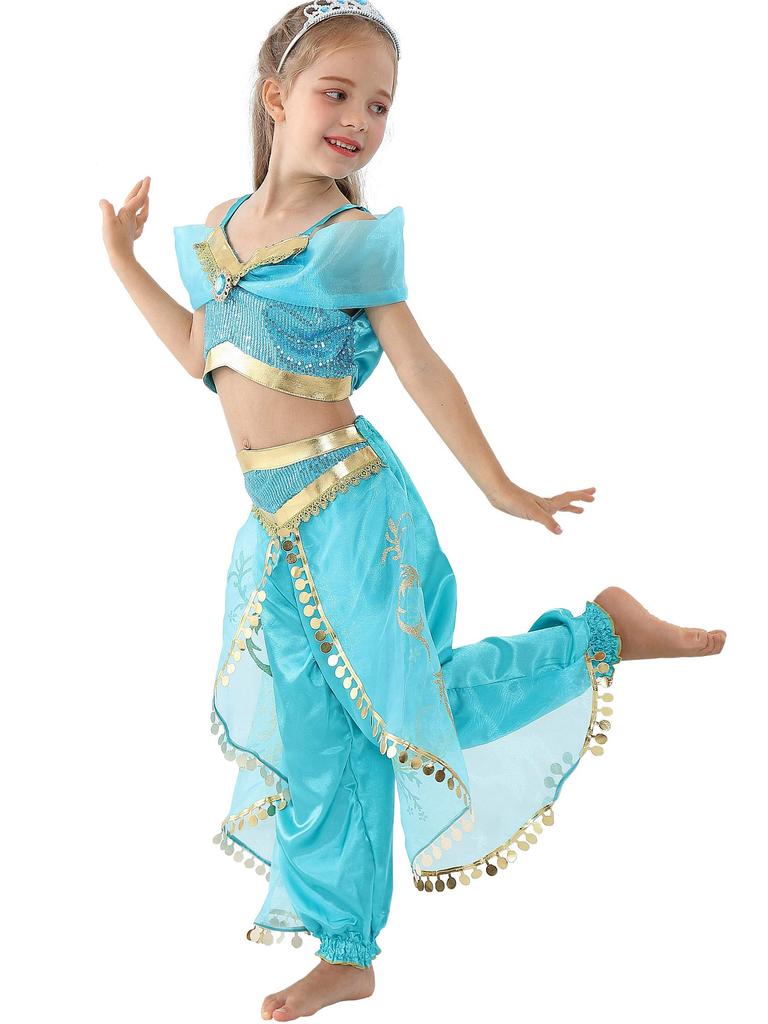 [Dressy Daisy] Toddler Girl Jasmine Costume Cosplay Kids Skirt Princess Aladdin Dress Halloween Costume Blue Size 5-6 years 115