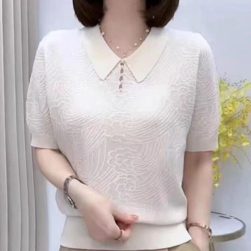 Temperament Letnia Damska Klapy Jednolity Splot Żakardowy Haftowany Dzwony Moda Biurowa Pani Krótki Rękaw Dzianinowy T-shirt Top