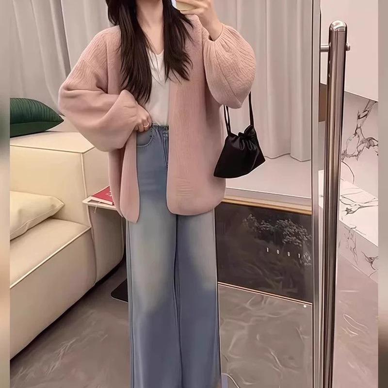 Bark pattern bubble sleeve knitted cardigan for women's autumn and winter new lazy meat-covering and thin sweater versatile jacket for women