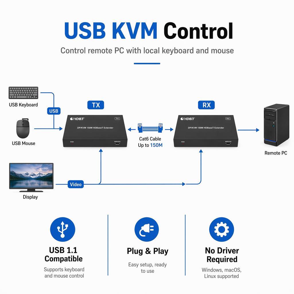 150M DP KVM HDBaseT Extender 4K@60Hz 4:4:4 DisplayPort Over Cat6 Cat6a Cable USB KVM Keyboard Mouse PoC HDR HDCP2.2 Video Audio Extender