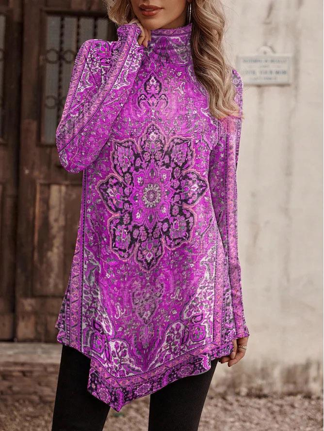 2023 Autumn/Winter High-Neck Ethnic Style Fashion Casual Long-Sleeve Tee