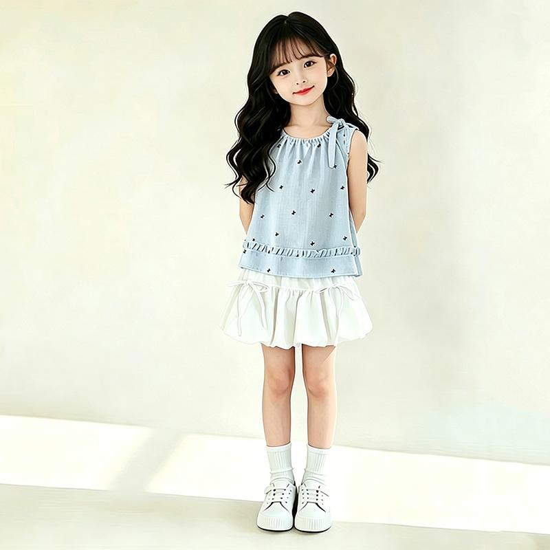 Girls Summer Bow Blouse and Bloomer Skirt Two Piece Set